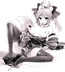 Rule 34 | 10s, 1girl, animal ears, bad id, bad pixiv id, breasts, clog sandals, condom, condom in mouth, detached sleeves, fate/extra, fate (series), graphite (medium), izurabe, japanese clothes, kimono, kimono pull, monochrome, mouth hold, nipples, off shoulder, open clothes, solo, spread legs, tail, tamamo (fate), tamamo no mae (fate/extra), thighhighs, traditional media