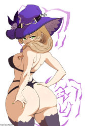 Rule 34 | 1girl, absurdres, ass, ass grab, bare shoulders, blonde hair, bra, breasts, deep skin, flower, from behind, genshin impact, green eyes, hair flower, hair ornament, hat, highres, huge ass, large breasts, lisa (genshin impact), long hair, looking at viewer, noriontoon, shiny skin, sideboob, simple background, solo, thick thighs, thighhighs, thighs, underwear, white background