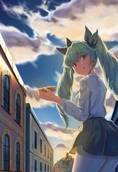 Rule 34 | 1girl, :q, anchovy (girls und panzer), anzio school uniform, building, cloud, cloudy sky, commentary, dress shirt, drill hair, food, from behind, girls und panzer, hair ribbon, highres, kuro (zhurunbo1997), long hair, long sleeves, looking at viewer, looking back, outdoors, pantyhose, pizza, pleated skirt, ribbon, school uniform, shirt, skirt, sky, solo, standing, tongue, tongue out, twilight, twin drills, twintails