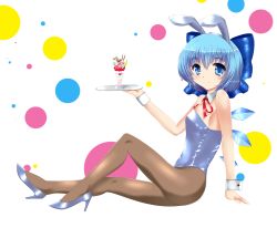 Rule 34 | 1girl, animal ears, blue eyes, blue hair, blue leotard, bow, bowtie, brown pantyhose, cirno, cup, far far, hair bow, high heels, highres, ice, ice wings, leotard, matching hair/eyes, pantyhose, playboy bunny, rabbit ears, ribbon, shoes, short hair, sitting, smile, solo, touhou, tray, wings