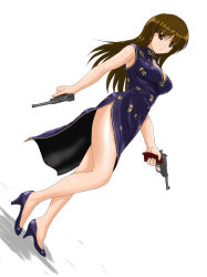 Rule 34 | 10s, 1girl, blue dress, breasts, brown eyes, brown hair, china dress, chinese clothes, cleavage, commentary request, dress, dual wielding, dutch angle, full body, girls und panzer, gun, handgun, high heels, hime cut, holding, holding gun, holding weapon, long hair, looking at viewer, luger p08, matsui yasutsugu, mature female, nishizumi shiho, pistol, side slit, sleeveless, sleeveless dress, solo, standing, trigger discipline, walther, walther p38, weapon, white background
