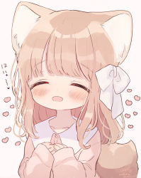 Rule 34 | 1girl, :d, ^ ^, ame usako, animal ear fluff, animal ears, blush, bow, brown hair, brown shirt, closed eyes, collared shirt, dress shirt, fangs, hair bow, hands up, heart, highres, long hair, long sleeves, open mouth, original, pink background, shirt, simple background, sleeves past wrists, smile, solo, tail, white bow