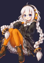Rule 34 | 1girl, :d, ahoge, bad id, bad pixiv id, black background, black dress, black footwear, black jacket, blush, boots, braid, breasts, cross-laced footwear, dress, hair between eyes, hair ornament, headphones, highres, jacket, kizuna akari, lace-up boots, long hair, long sleeves, looking at viewer, low twintails, open mouth, orange pantyhose, pantyhose, puffy long sleeves, puffy sleeves, purple eyes, silver hair, simple background, sleeves past wrists, small breasts, smile, solo, striped clothes, striped pantyhose, twin braids, twintails, vertical-striped clothes, vertical-striped pantyhose, very long hair, vocaloid, voiceroid, waste (arkaura)