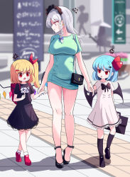 Rule 34 | :q, aged down, alternate costume, anger vein, backpack, bag, bandaid, bandaid on face, bat wings, black dress, black footwear, black legwear, blonde hair, blue hair, blue ribbon, blush, bow, breasts, casual, commentary request, crossed bandaids, crystal, dress, eyelashes, flandre scarlet, flying sweatdrops, hair ribbon, handbag, hat, hat ribbon, high heels, highres, holding hands, izayoi sakuya, knees, large breasts, light blue hair, looking at another, maid headdress, mary janes, medium hair, middle finger, nail polish, one side up, open mouth, outdoors, randoseru, red bow, red eyes, red footwear, red nails, red ribbon, remilia scarlet, ribbon, shadow, shoes, short hair, siblings, side ponytail, sidelocks, silver hair, sisters, socks, sseopik, standing, sweatdrop, thighs, tongue, tongue out, touhou, tress ribbon, white dress, wings