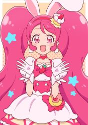 Rule 34 | 1girl, :d, absurdres, animal ears, bow, cake, cbgb, commentary, cure whip, dress, earrings, food, food-themed hair ornament, frilled dress, frilled sleeves, frills, hair ornament, hairband, highres, jewelry, kirakira precure a la mode, long hair, looking at viewer, magical girl, open mouth, pink dress, pink hair, pom pom (clothes), pom pom earrings, precure, puffy short sleeves, puffy sleeves, rabbit ears, red bow, red hairband, short dress, short sleeves, smile, solo, standing, star (symbol), strawberry shortcake, swept bangs, twintails, usami ichika, very long hair