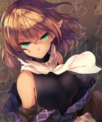 Rule 34 | &gt;:(, 1girl, black shirt, blonde hair, breasts, brown jacket, closed mouth, commentary request, floating hair, frown, green eyes, highres, jacket, large breasts, looking at viewer, midori (misuriru8), mizuhashi parsee, off shoulder, pointy ears, scarf, shadow, shirt, short hair, sleeveless, sleeveless shirt, solo, touhou, tsurime, upper body, v-shaped eyebrows, white scarf, wind