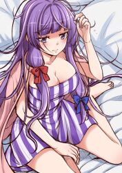 Rule 34 | 1girl, bare legs, barefoot, bed sheet, blue bow, bow, breasts, cleavage, commentary, dress, eichi yuu, hand in own hair, hand on own hip, lips, long hair, looking ahead, medium breasts, messy hair, on bed, patchouli knowledge, pillow, purple eyes, purple hair, purple stripes, red bow, sitting, solo, striped clothes, striped dress, toes, touhou, white dress
