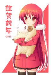 Rule 34 | 10s, 1girl, 2015, aisaka aki, coat, long hair, nengajou, new year, red eyes, red hair, red theme, shakugan no shana, shana, sheep, standing, thighhighs
