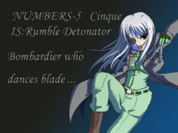Rule 34 | 00s, 1girl, belt, bodysuit, boots, brown footwear, buckle, cinque (nanoha), english text, eyepatch, gloves, green gloves, jacket, knee boots, leg up, long sleeves, looking at viewer, lyrical nanoha, mahou shoujo lyrical nanoha, mahou shoujo lyrical nanoha strikers, numbers (nanoha), open clothes, open jacket, silver hair, solo, standing, standing on one leg, text focus