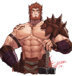 Rule 34 | 1boy, abs, armor, bara, beard, edwald (yuusha yamemasu), facial hair, grin, hand on own hip, holding, holding weapon, jin (sirius-j), large pectorals, looking at viewer, male focus, mature male, muscular, muscular male, orange hair, pauldrons, pectorals, pelvic curtain, scales, sheath, short hair, shoulder armor, smile, smirk, solo, sword, thick eyebrows, transparent background, weapon, white background, yuusha yamemasu