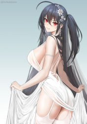 Rule 34 | 1girl, absurdres, ass, azur lane, backless dress, backless outfit, black hair, breasts, cocktail dress, dress, earrings, evening gown, from behind, garter straps, hair ornament, hair strand, highres, jewelry, large breasts, long hair, looking at viewer, looking back, official alternate costume, plunging neckline, porko, red eyes, see-through, see-through dress, sideboob, skirt hold, sleeveless, sleeveless dress, taihou (azur lane), taihou (temptation on the sea breeze) (azur lane), thighhighs, very long hair, wedding dress, white dress, white thighhighs