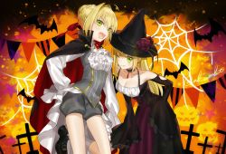 Rule 34 | 2girls, ahoge, akamakoto, ascot, bare shoulders, bat (animal), black cape, black dress, black headwear, blonde hair, blush, braid, breasts, brooch, cape, cross, dress, dual persona, fangs, fate (series), french braid, green eyes, grey shorts, grey vest, hair bun, hair intakes, halloween costume, hat, jewelry, large breasts, long hair, long sleeves, looking at viewer, multiple girls, nero claudius (fate), nero claudius (fate) (all), nero claudius (fate/extra), one eye closed, popped collar, puffy long sleeves, puffy sleeves, shorts, silk, single hair bun, smile, spider web, thighs, tongue, tongue out, underbust, vampire costume, vest, witch, witch hat