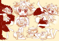 Rule 34 | 1boy, 1girl, :d, animal ears, barefoot, belt collar, blush, bondrewd, bow, claws, collar, creature, fang, feet up, hands up, heart, hetero, hug, kiss, lying, made in abyss, meinya (made in abyss), monochrome, multiple views, on back, open mouth, orange background, pajamas, prushka, sakurazawa izumi, short hair, short shorts, short sleeves, shorts, simple background, smile, sparkling eyes, spread legs, sweat, tail, tears