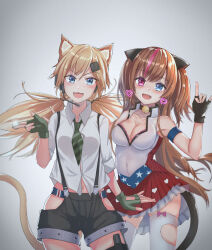 Rule 34 | 2girls, :d, \n/, american flag dress, animal ear fluff, animal ears, bell, between fingers, black collar, blonde hair, blue eyes, blush, bow legwear, breasts, brown hair, cat ears, cat tail, chinese commentary, cleavage, collar, collarbone, commentary request, covered navel, cowboy shot, diagonal-striped clothes, diagonal-striped necktie, earrings, fang, girls&#039; frontline, gloves, green gloves, green necktie, grey background, hair between eyes, hair ornament, hand up, headset, heart, heart earrings, heterochromia, highres, holding, idw (girls&#039; frontline), jewelry, large breasts, long hair, looking at viewer, masoutsugumi, midriff, mk23 (girls&#039; frontline), multicolored hair, multiple girls, navel, neck bell, necktie, open mouth, pink eyes, pink hair, shirt, shorts, simple background, skindentation, smile, star (symbol), streaked hair, striped clothes, suspender shorts, suspenders, tail, thigh strap, thighhighs, token (girls&#039; frontline), twintails, union jack, union jack panties, very long hair, white shirt, white thighhighs