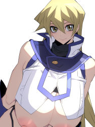 Rule 34 | 1girl, absurdres, alternate breast size, blonde hair, breasts, breasts out, hair between eyes, highres, huge breasts, long hair, looking at viewer, nipples, pobotto, shirt, sleeveless, sleeveless shirt, smile, solo, tenjouin asuka, white background, yellow eyes, yu-gi-oh!
