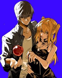 Rule 34 | absurdres, amane misa, apple, black dress, black eyes, black nails, blue background, brown eyes, brown hair, closed mouth, death note, death note (object), dress, floating, floating object, food, fruit, grey shirt, highres, holding, holding notebook, long hair, notebook, object floating above hand, open clothes, open shirt, red apple, shirt, short hair, simple background, standing, straight hair, undershirt, upper body, white undershirt, xi luo an ya, yagami light