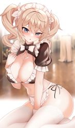 Rule 34 | 1girl, :o, absurdres, alternate breast size, apron, arigatoure, barbara (genshin impact), black bra, blonde hair, blue eyes, blush, bra, breasts, cleavage, commentary request, drill hair, frilled apron, frilled bra, frills, genshin impact, highres, large breasts, looking at viewer, maid, maid apron, maid headdress, puffy short sleeves, puffy sleeves, revealing clothes, short apron, short sleeves, sitting, skindentation, solo, sushimo, thighhighs, twintails, underwear, white thighhighs, yokozuwari