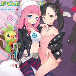 Rule 34 | 2girls, absurdres, arm support, asymmetrical bangs, black choker, black hair, black jacket, blue eyes, blush, breasts, choker, closed mouth, collarbone, commentary request, copyright name, creatures (company), crop top, diagonal stripes, dress, earrings, game freak, gen 8 pokemon, gloria (pokemon), green eyes, grey shorts, grookey, hair ribbon, hat, heart, highres, jacket, jewelry, jiujiuyatou (yayanzz), long hair, long sleeves, looking at viewer, marnie (pokemon), medium breasts, midriff, morpeko, morpeko (hangry), multiple girls, nail polish, navel, nintendo, off shoulder, open clothes, open jacket, pantyhose, pantyhose under shorts, pink background, pink dress, pink hair, pokemon, pokemon (creature), pokemon swsh, red ribbon, ribbon, short shorts, shorts, sitting, sleeves past wrists, small breasts, spikes, spoken heart, strap slip, striped, striped background, stud earrings, suitcase, tongue, tongue out, twintails, white headwear