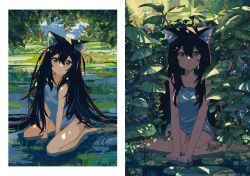 Rule 34 | 1girl, :o, absurdres, animal ear fluff, animal ears, bare legs, barefoot, between legs, black hair, blue shirt, blush, cat ears, cat girl, commentary request, day, eyebrows hidden by hair, flat chest, grass, green eyes, hair between eyes, hand between legs, highres, kgt (pixiv12957613), leaf, lily pad, long hair, looking at viewer, looking up, multiple views, open mouth, original, outdoors, plant, scenery, seiza, shirt, sitting, sleeveless, sleeveless shirt, sunlight, thighs, very long hair, water, wetland