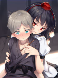 Rule 34 | 1boy, 1girl, ^^^, age difference, asutora, behind another, black hair, black kimono, black skirt, blue eyes, blush, child, chromatic aberration, collarbone, commentary request, grey hair, hat, head tilt, highres, japanese clothes, kimono, long sleeves, nose blush, onee-shota, parted lips, pencil, pleated skirt, pom pom (clothes), puffy short sleeves, puffy sleeves, red eyes, revision, sash, shameimaru aya, shirt, short hair, short sleeves, skirt, smile, sweat, nervous sweating, tassel, tokin hat, touhou, upper body, v-shaped eyebrows, white shirt, you gonna get raped