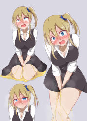 Rule 34 | 1girl, @ @, between legs, black dress, blonde hair, blouse, blue eyes, blush, breasts, cleavage, closed mouth, collared shirt, constricted pupils, crying, dress, drooling, embarrassed, female focus, full body, grey background, hair between eyes, hair tie, half-closed eyes, hand between legs, have to pee, hayasaka ai, highres, kaguya-sama wa kokurasetai ~tensai-tachi no renai zunousen~, kuzumomo, leaning forward, long hair, long sleeves, looking at viewer, multiple views, nose blush, one side up, open mouth, own hands together, pee, peeing, peeing self, pinafore dress, puddle, saliva, seiza, shirt, short dress, sidelocks, simple background, sitting, sleeveless, sleeveless dress, standing, steam, tears, textless version, upper body, v arms, wet, wet clothes, white shirt, wide-eyed
