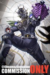 Rule 34 | 1boy, arm cannon, belt, clenched hand, commission, from below, glowing, glowing eyes, grey belt, hand on own leg, helmet, highres, kamen rider, kamen rider ryuki (series), kamitoge supino, looking down, male focus, original, solo, tokusatsu, weapon, yellow eyes