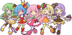 Rule 34 | 5girls, apple, applepina, blonde hair, blue eyes, blue hair, boots, bow, brown legwear, cake, chocolana, chocolate, chocolate cake, crown, double bun, earrings, expressionless, food, food-themed hair ornament, fruit, fruitina, full body, glasses, green eyes, green hair, hair bun, hair ornament, jewelry, long hair, mont blanc (food), montblana, multiple girls, name connection, object namesake, official art, one eye closed, pantyhose, pie, pink hair, plate, purple eyes, purple hair, puyopuyo, puyopuyo quest, red apple, red eyes, round eyewear, shoes, short hair, skirt, smile, strawberina, strawberry, strawberry hair ornament, strawberry shortcake, striped clothes, striped legwear, striped pantyhose, takenami hideyuki, vertical-striped clothes, vertical-striped legwear, vertical-striped pantyhose, white background, white legwear, wink, yellow eyes, yellow legwear