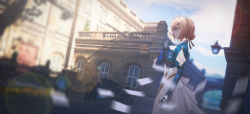 Rule 34 | 10s, 1girl, aleihuai biao, blonde hair, blue eyes, blue jacket, blurry, blurry background, braid, brooch, building, dress, focused, hair between eyes, hair intakes, hair ribbon, highres, holding, holding jewelry, holding necklace, jacket, jewelry, lamppost, lens flare, long sleeves, mechanical hands, necklace, red ribbon, ribbon, road, solo, street, town, violet evergarden, violet evergarden (series)