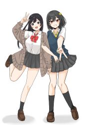 Rule 34 | 2girls, :d, absurdres, black hair, black socks, bow, bowtie, breasts, cardigan, commentary request, full body, green nails, grey eyes, grey hair, grin, gyaru, gyaru v, hair between eyes, highres, holding another&#039;s arm, large breasts, locked arms, love live!, love live! nijigasaki high school idol club, medium hair, mifune shioriko, multiple girls, necktie, one side up, open mouth, out of character, pleated skirt, red bow, red bowtie, red eyes, school uniform, shirt, shoes, short sleeves, skirt, smile, socks, standing, standing on one leg, sweater vest, swept bangs, tatsumi432, v, white background, white shirt, yellow necktie, yuki setsuna (love live!)