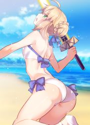 Rule 34 | 1girl, ahoge, artoria pendragon (all), artoria pendragon (fate), artoria pendragon (swimsuit archer) (fate), artoria pendragon (swimsuit archer) (first ascension) (fate), ass, beach, bikini, blonde hair, braid, breasts, cloud, commentary, day, excalibur (fate/stay night), fate/grand order, fate (series), green eyes, holding, holding sword, holding weapon, looking at viewer, looking back, makita (homosapiensu), medium breasts, ocean, open mouth, outdoors, saber (fate), sky, solo, swimsuit, sword, water gun, weapon, white bikini
