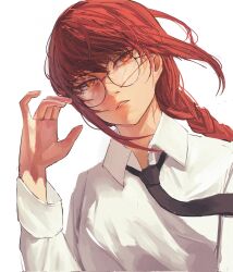 Rule 34 | 1girl, black necktie, braid, braided ponytail, breasts, chainsaw man, collared shirt, commentary, english commentary, glasses, hair between eyes, hand up, highres, lips, long hair, long sleeves, looking away, makima (chainsaw man), medium breasts, necktie, niroxin, orange eyes, red hair, ringed eyes, shirt, sidelocks, simple background, solo, teeth, upper body, white background, white shirt