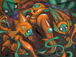 Rule 34 | alternate form, artist request, creatures (company), deoxys, deoxys (attack), deoxys (defense), deoxys (normal), deoxys (speed), expressionless, flying, full body, game freak, gen 3 pokemon, looking at viewer, mythical pokemon, nintendo, no humans, pokemon, pokemon (creature), psychedelic, simple background, tentacles