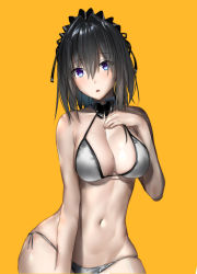 Rule 34 | 1girl, :o, araido kagiri, bare arms, bare shoulders, bikini, black bow, black bowtie, black hair, blue eyes, bow, bowtie, breasts, cleavage, collarbone, detached collar, groin, hair intakes, halterneck, hand on own chest, hand up, headdress, highres, large breasts, long hair, looking at viewer, navel, orange background, original, parted lips, revision, side-tie bikini bottom, simple background, solo, stomach, swimsuit, upper body, white bikini