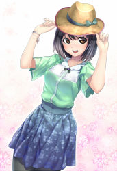 Rule 34 | 10s, 1girl, alternate costume, bad id, bad pixiv id, black hair, black pantyhose, bow, brown eyes, casual, dress, floral print, haguro (kancolle), hands on headwear, hat, hat bow, kantai collection, magenta (atyana), open mouth, pantyhose, print skirt, short hair, skirt, smile, solo, sun hat, wristband