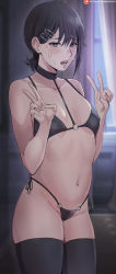 Rule 34 | 1girl, bare shoulders, bikini, black bikini, black thighhighs, blurry, blurry background, blush, breasts, chainsaw man, choker, collarbone, commentary, covered erect nipples, cowboy shot, curtains, double v, groin, hair between eyes, hair ornament, hairclip, hands up, higashiyama kobeni, highres, indoors, micro bikini, mole, mole under eye, mole under mouth, navel, o-ring, o-ring bikini, open mouth, patreon logo, patreon username, shexyo, short hair, small breasts, solo, standing, sweat, swimsuit, teeth, thighhighs, thighs, underboob, upper teeth only, v, watermark, web address, window