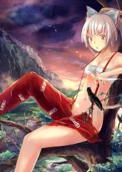 Rule 34 | 1girl, bad id, bad pixiv id, bandages, bare shoulders, bird, bow, breasts, cigarette, cleavage, collarbone, crow, forest, fujiwara no mokou, hair bow, hair ribbon, highres, in tree, looking at viewer, mountain, nature, navel, no shirt, open mouth, pants, red eyes, ribbon, sarashi, short hair, silver hair, sitting, sitting in tree, solo, suspenders, tetsurou (fe+), torn clothes, torn pants, touhou, tree, upper body