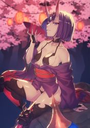 Rule 34 | 1girl, absurdres, arm support, bare shoulders, black gloves, blunt bangs, bob cut, breasts, cherry blossoms, commentary request, cup, eyelashes, eyeshadow, fate/grand order, fate (series), feet out of frame, fingerless gloves, gloves, grin, hand up, headpiece, highres, holding, holding cup, horns, ibuki notsu, japanese clothes, kimono, lantern, long sleeves, looking at viewer, makeup, obi, off shoulder, oni, paper lantern, purple eyes, purple hair, purple kimono, red sash, revealing clothes, rock, sakazuki, sash, short hair, short kimono, shuten douji (fate), sitting, skin-covered horns, small breasts, smile, solo, thighhighs, thighs, tree, wide sleeves