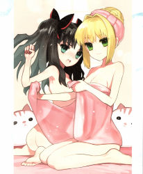 Rule 34 | 2girls, annoyed, aqua eyes, barefoot, black hair, blonde hair, bow, cat, clenched hand, fate/extra, fate (series), green eyes, highres, kneeling, long legs, looking at viewer, multiple girls, nero claudius (fate), nero claudius (fate) (all), nero claudius (fate/extra), nude, official art, scan, stuffed animal, stuffed toy, tohsaka rin, topless, towel, twintails, wada arco