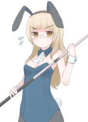 Rule 34 | 1girl, animal ears, bad id, bad pixiv id, blonde hair, cue stick, fake animal ears, glasses, highres, pantyhose, perrine h. clostermann, playboy bunny, rabbit ears, rabbit tail, seedflare, solo, strike witches, sweatdrop, tail, world witches series, wrist cuffs, yellow eyes