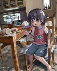 Rule 34 | 1girl, absurdres, bowl, cabinet, chair, child, cup, electric kettle, food, food on face, fork, highres, indoors, kettle, kitchen, milk, open mouth, original, plant, potted plant, purple eyes, purple hair, rice, scenery, shiranome, shirt, short sleeves, shorts, solo, spilled milk, table, tissue box, twitter username, window