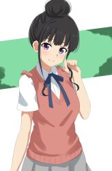 Rule 34 | 1girl, black hair, blue ribbon, blunt bangs, blush, closed mouth, collared shirt, commentary request, dars (recolors), hair bun, hand up, highres, inoue takina, long hair, lycoris recoil, neck ribbon, purple eyes, red sweater vest, ribbon, shirt, short sleeves, single hair bun, smile, solo, standing, sweater vest, white shirt
