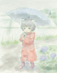 Rule 34 | 1girl, bad id, bad pixiv id, boots, chen, female focus, flower, highres, hydrangea, nature, no headwear, no headwear, open mouth, outdoors, pale color, plant, rain, raincoat, rubber boots, saraband, solo, touhou, umbrella