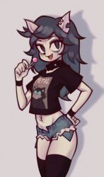 Rule 34 | 1girl, animal ears, animal nose, black collar, black hair, black shirt, black thighhighs, black wristband, blue eyes, blue hair, candy, cat, cat ears, claire d&#039;lune, collar, cowboy shot, crop top, cutoffs, denim, denim shorts, earrings, edgar (the summoning), english text, fang, food, forehead tattoo, fujimna, furry, furry female, gradient hair, grey background, groin, hand on own hip, hand up, holding, holding candy, holding food, holding lollipop, jewelry, lollipop, long hair, looking at viewer, messy hair, multicolored hair, navel piercing, open fly, open mouth, pentagram, piercing, print shirt, runny makeup, shirt, short sleeves, shorts, simple background, smile, solo, standing, straight hair, the summoning, thighhighs, two-tone hair