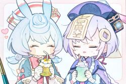 Rule 34 | 2girls, :p, = =, ^ ^, animal ears, apron, aqua shirt, art tools in frame, bandaged arm, bandages, bead necklace, beads, black nails, blue hair, blush, blush stickers, border, bow, bowtie, braid, brooch, capelet, chinese clothes, closed eyes, coconut cup, coin hair ornament, commentary request, crossed bangs, cup, dress, drinking, drinking straw, drinking straw in mouth, fingernails, genshin impact, gloves, gradient hair, hair between eyes, hair ornament, hands up, hat, hat tassel, heart, highres, holding, holding cup, jewelry, long hair, long sleeves, low twintails, medium hair, milkshake, multicolored hair, multiple girls, nail polish, nasuke, necklace, nurse cap, ofuda, ofuda on head, outside border, painting (medium), photo (medium), pink border, pink bow, puffy long sleeves, puffy sleeves, purple capelet, purple dress, purple hair, purple hat, qingdai guanmao, qiqi (genshin impact), red bow, red bowtie, shirt, short twintails, sigewinne (genshin impact), simple background, single braid, tassel, tongue, tongue out, traditional media, twintails, upper body, vision (genshin impact), watercolor (medium), white apron, white background, white gloves, white hat, wide sleeves