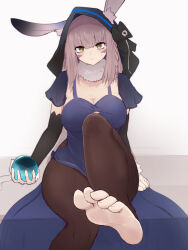 Rule 34 | 1girl, animal ears, arm support, barefoot, blue dress, breasts, character request, closed mouth, crystal ball, detached sleeves, dress, ears through hood, expressionless, facial mark, feet, highres, holding, hood, hood up, kaavi, large breasts, light blush, long hair, looking at viewer, mahjong soul, rabbit ears, sitting, solo, yonaga san