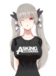 Rule 34 | 1girl, absurdres, arms behind back, artist request, azur lane, black shirt, breasts, earrings, fang, formidable (azur lane), grey hair, hair ribbon, head tilt, highres, jewelry, large breasts, looking at viewer, one eye closed, open mouth, red eyes, ribbon, shirt, twintails, white background