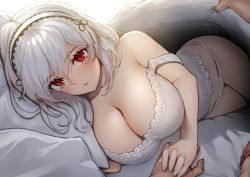 Rule 34 | 1boy, 1girl, azur lane, bare shoulders, bed, bed sheet, blanket, blush, breasts, camisole, cleavage, commentary request, hair between eyes, hairband, hand on another&#039;s hand, highres, holding hands, huge breasts, lace-trimmed hairband, lace trim, lingerie, looking at viewer, lying, on bed, open mouth, panties, pillow, pov, pov across bed, pyz (cath x tech), red eyes, short hair, sidelocks, sirius (azur lane), solo focus, under covers, underwear, white hair, white panties