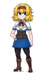 Rule 34 | 1girl, adapted costume, alice margatroid, belt, black pantyhose, blonde hair, blue eyes, blue skirt, boots, breasts, brown belt, brown footwear, cleavage, closed mouth, commentary request, cross-laced footwear, expressionless, formicid, frilled hairband, frills, full body, hairband, hand on own hip, highres, korean commentary, lace-up boots, lolita hairband, looking to the side, medium breasts, pantyhose, red hairband, simple background, skirt, solo, standing, touhou, white background