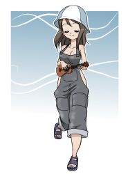 1girl alternate_costume blush breasts brown_hair cleavage closed_eyes closed_mouth collarbone flip-flops girls_und_panzer grey_footwear grey_overalls holding holding_instrument instrument long_hair mika_(girls_und_panzer) music naked_overalls official_alternate_costume overalls playing_instrument sandals striped_hat takahashi_kurage ukulele