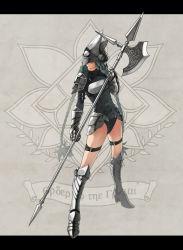 Rule 34 | 1girl, armor, braid, female focus, full body, gauntlets, greaves, green hair, halberd, helmet, kalnow, leotard, letterboxed, long hair, pixiv fantasia, pixiv fantasia wizard and knight, polearm, solo, standing, thigh strap, twin braids, very long hair, weapon, yellow eyes